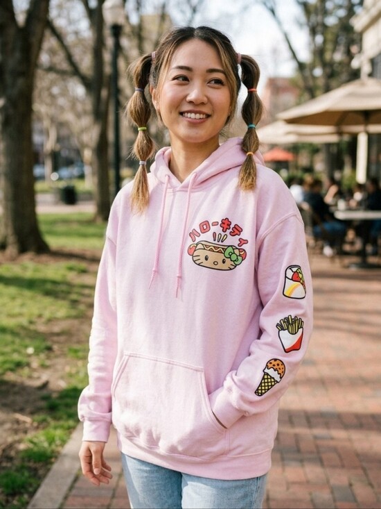 Sanrio Tops - Sanrio Hello Kitty Pink Graphic Hoodie Hotdog Fast Foodie Edition Size Large EUC